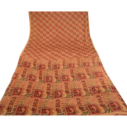 Sanskriti Vintage Red Peacock Printed Sarees Pure Silk Sari Soft Sewing Sustainable Fabric