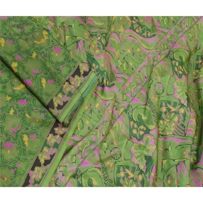 Sanskriti Vintage Indian Green Sarees Pure Silk Printed Sari 5yd Craft Sustainable Fabric