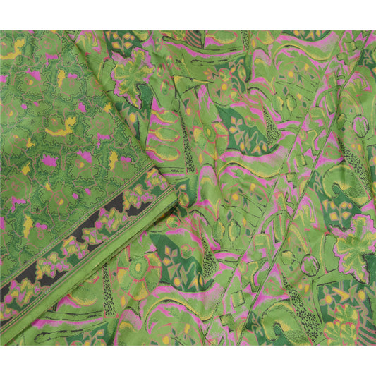 Sanskriti Vintage Indian Green Sarees Pure Silk Printed Sari 5yd Craft Sustainable Fabric