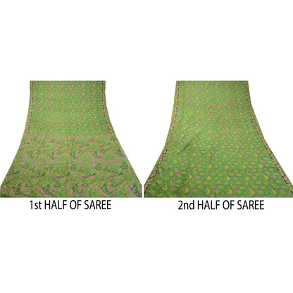 Sanskriti Vintage Indian Green Sarees Pure Silk Printed Sari 5yd Craft Sustainable Fabric