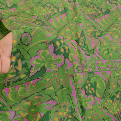 Sanskriti Vintage Indian Green Sarees Pure Silk Printed Sari 5yd Craft Sustainable Fabric
