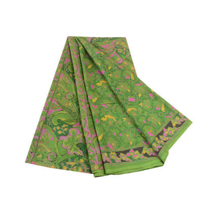 Sanskriti Vintage Indian Green Sarees Pure Silk Printed Sari 5yd Craft Sustainable Fabric