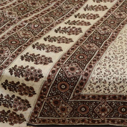 Sanskriti Vintage Brown Sarees Pure Silk Printed Sari 5yd Floral Craft Sustainable Fabric