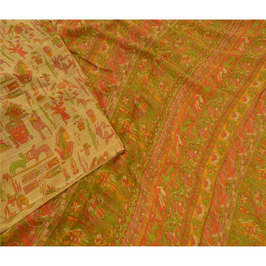 Sanskriti Vintage Beige Sarees Pure Silk Human Animal Printed Sari Craft Sustainable Fabric
