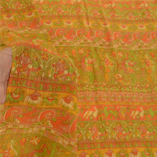 Sanskriti Vintage Beige Sarees Pure Silk Human Animal Printed Sari Craft Sustainable Fabric