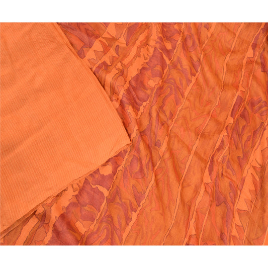 Sanskriti Vintage Rusty Orange Sarees Pure Silk Printed Sari 5yd Craft Sustainable Fabric