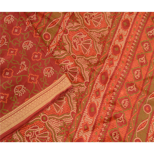 Sanskriti Vintage Red Bandhani Sarees Pure Silk Printed Sari 5yd Craft Sustainable Fabric