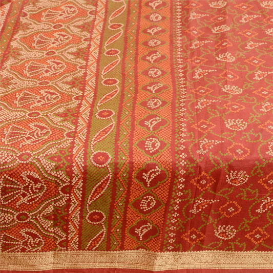 Sanskriti Vintage Red Bandhani Sarees Pure Silk Printed Sari 5yd Craft Sustainable Fabric
