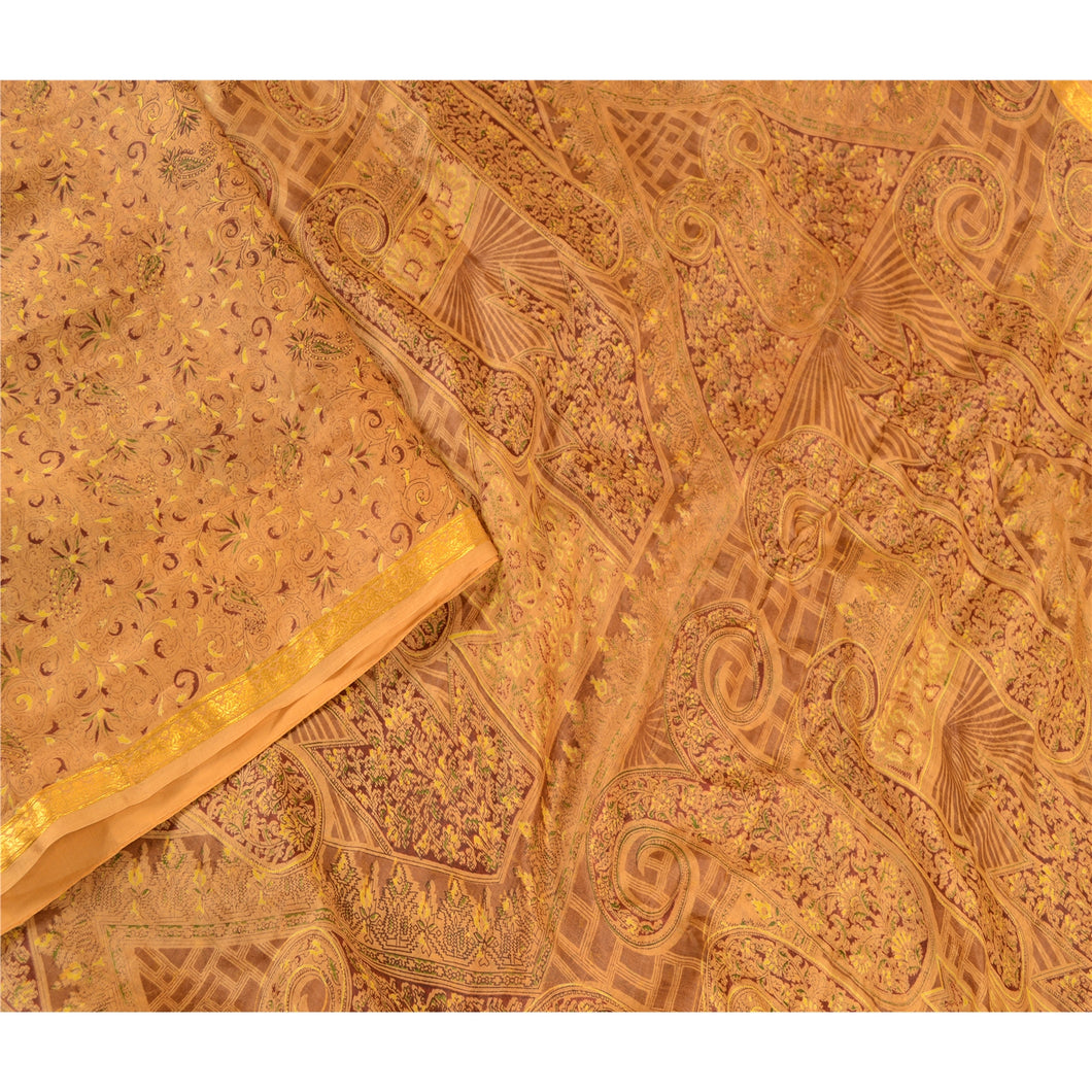 Sanskriti Vintage Brown Sarees Pure Silk Printed Sari Soft Floral Craft Fabric