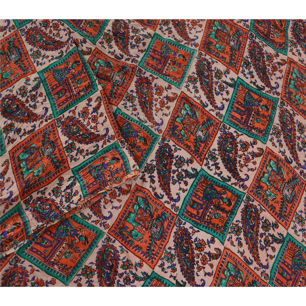 Sanskriti Vintage Red Sarees 100% Pure Silk Printed Sari 5yd Floral Craft Fabric