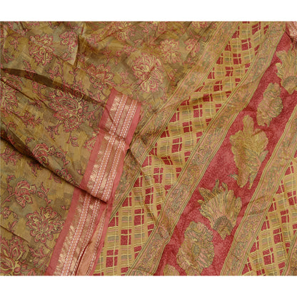 Sanskriti Vintage Green Indian Sarees Pure Silk Printed Sari 5yd Craft Sustainable Fabric