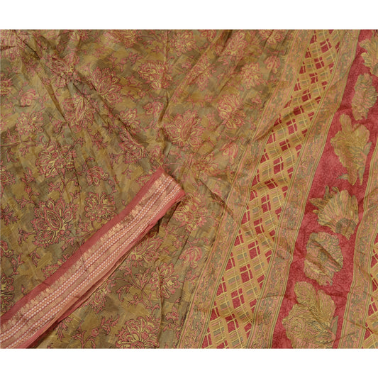Sanskriti Vintage Green Indian Sarees Pure Silk Printed Sari 5yd Craft Sustainable Fabric