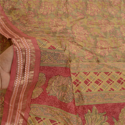 Sanskriti Vintage Green Indian Sarees Pure Silk Printed Sari 5yd Craft Sustainable Fabric