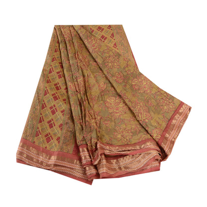 Sanskriti Vintage Green Indian Sarees Pure Silk Printed Sari 5yd Craft Sustainable Fabric