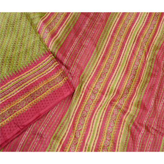 Sanskriti Vintage Green Bandhani Printed Sarees Pure Silk Sari Soft Craft Sustainable Fabric