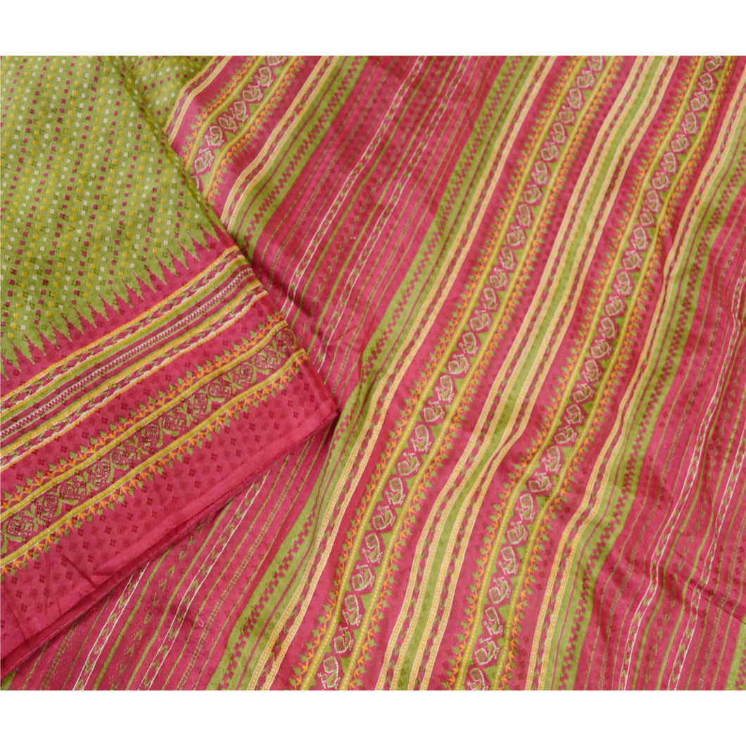 Sanskriti Vintage Green Bandhani Printed Sarees Pure Silk Sari Soft Craft Fabric