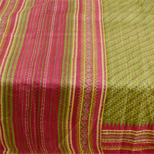 Sanskriti Vintage Green Bandhani Printed Sarees Pure Silk Sari Soft Craft Sustainable Fabric