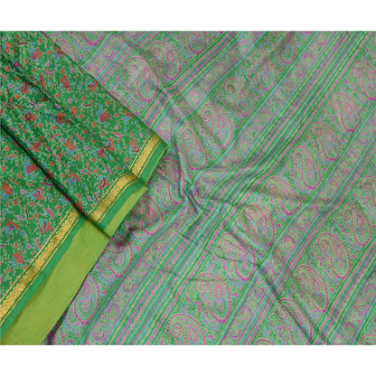 Sanskriti Vintage Green Printed Sarees Pure Silk Zari Border Sari Craft Sustainable Fabric