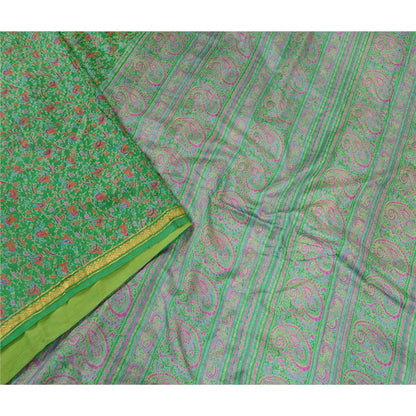 Sanskriti Vintage Green Printed Sarees Pure Silk Zari Border Sari Craft Sustainable Fabric