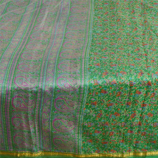 Sanskriti Vintage Green Printed Sarees Pure Silk Zari Border Sari Craft Sustainable Fabric