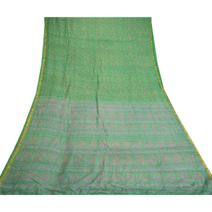 Sanskriti Vintage Green Printed Sarees Pure Silk Zari Border Sari Craft Sustainable Fabric