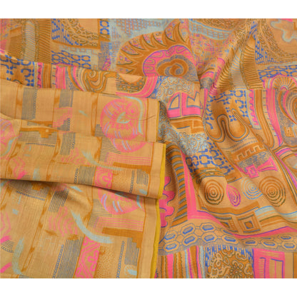 Sanskriti Vintage Salted caramel Printed Sarees Pure Silk Sari 5YD Craft Sustainable Fabric
