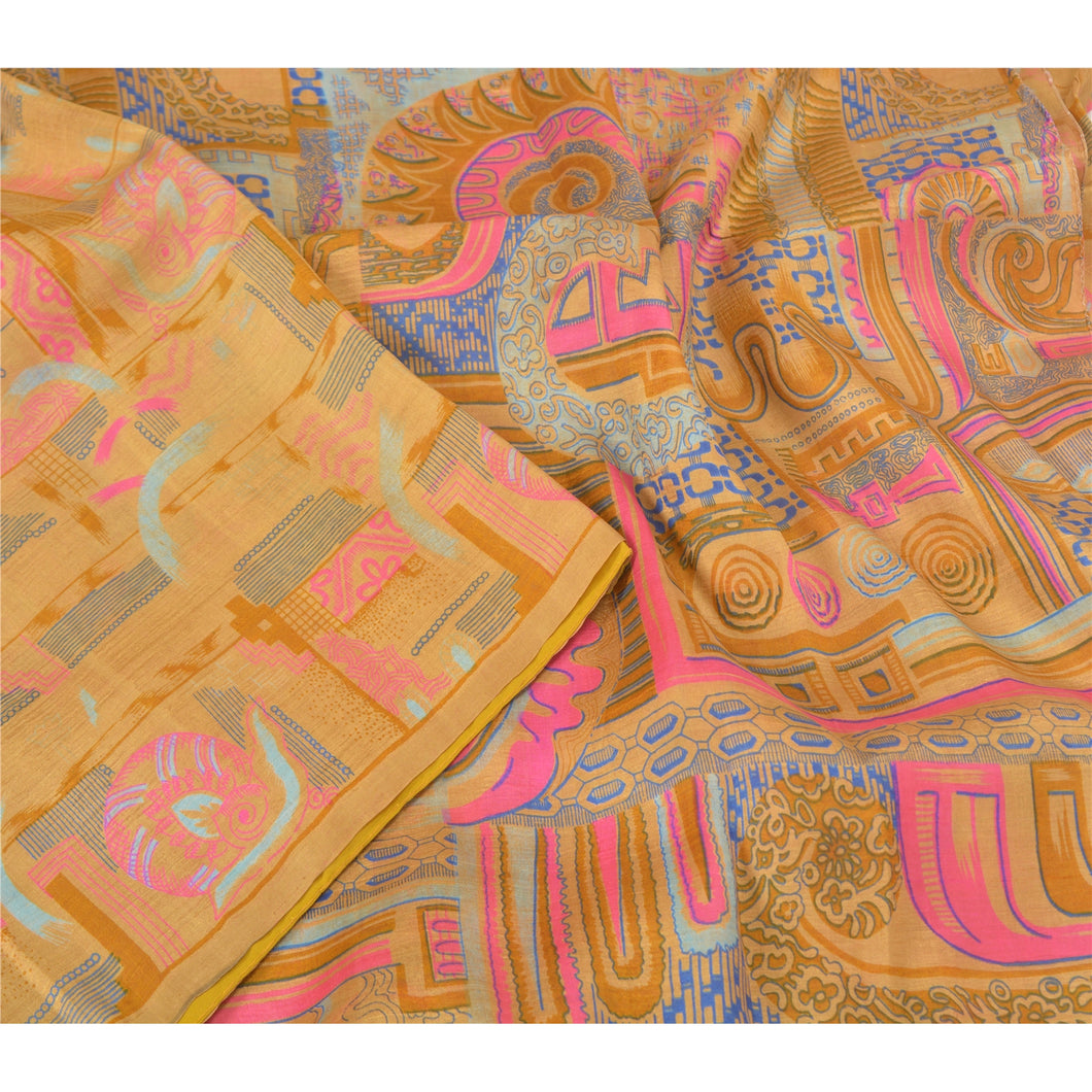 Sanskriti Vintage Salted caramel Printed Sarees Pure Silk Sari 5YD Craft Fabric