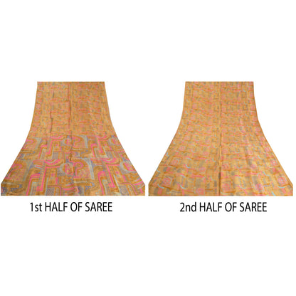 Sanskriti Vintage Salted caramel Printed Sarees Pure Silk Sari 5YD Craft Sustainable Fabric