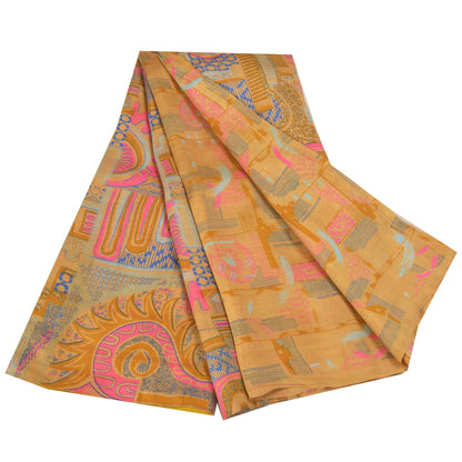 Sanskriti Vintage Salted caramel Printed Sarees Pure Silk Sari 5YD Craft Sustainable Fabric