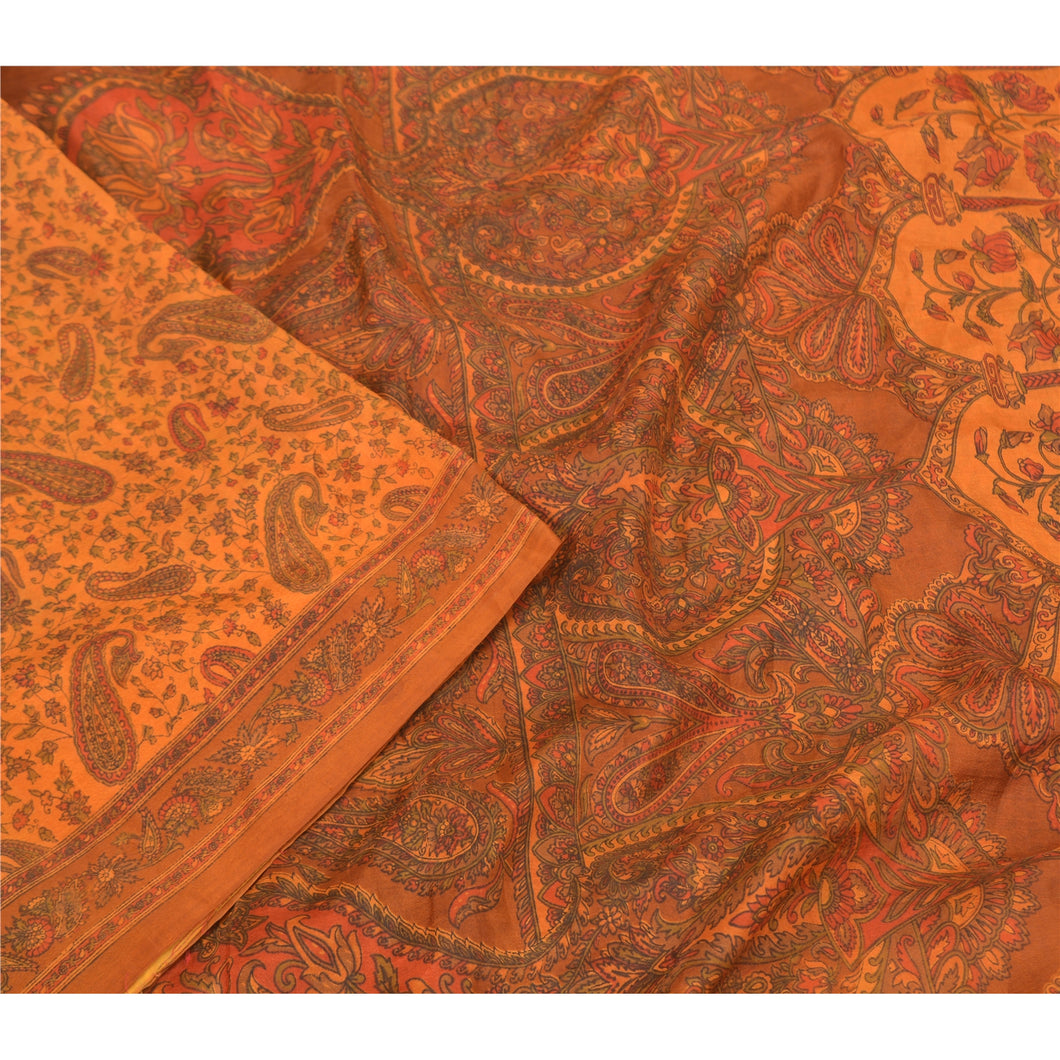 Sanskriti Vintage Orange Printed Sarees Pure Silk Sari printed 5YD Craft Fabric