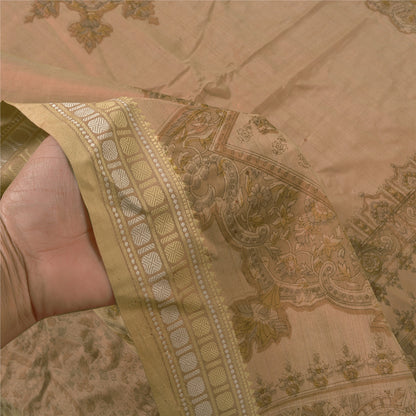 Sanskriti Vintage Brown Printed Sarees Pure Silk Sari printed 5yd Craft Sustainable Fabric