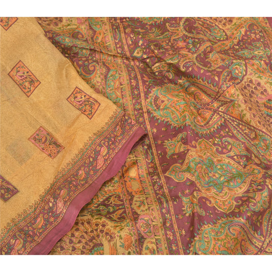 Sanskriti Vintage golden yellow Printed Sarees Pure Silk Sari floral CraftSustainable Fabric