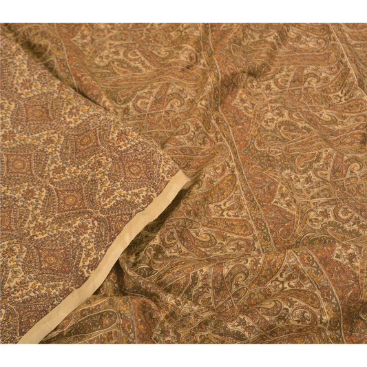 Sanskriti Vintage brown Printed Sarees Pure Silk Sari floral 5YD Craft Sustainable Fabric