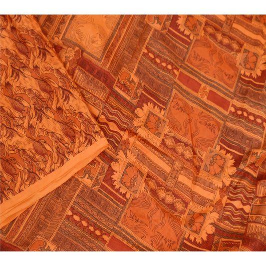 Sanskriti Vintage Saffron Indian Sarees Printed Pure Silk Sari 5yd Craft Sustainable Fabric
