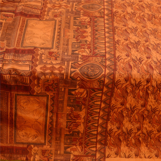 Sanskriti Vintage Saffron Indian Sarees Printed Pure Silk Sari 5yd Craft Sustainable Fabric