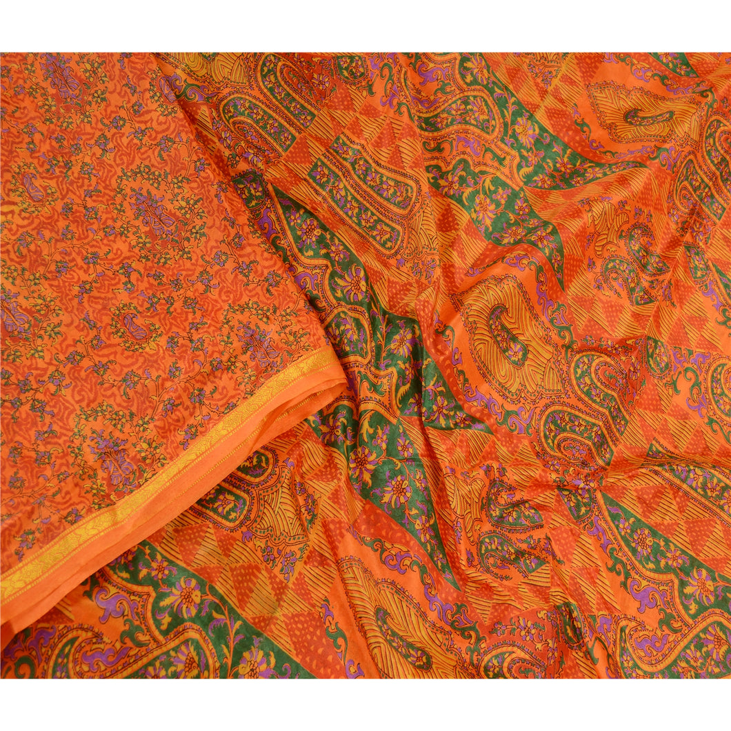 Sanskriti Vintage Orange Indian Sarees Art Silk Printed Sari 5yd Craft Fabric