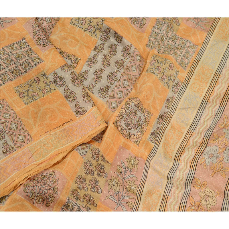 Sanskriti Vintage Peach Sarees Indian Pure Silk Printed Sari Floral Craft Sustainable Fabric