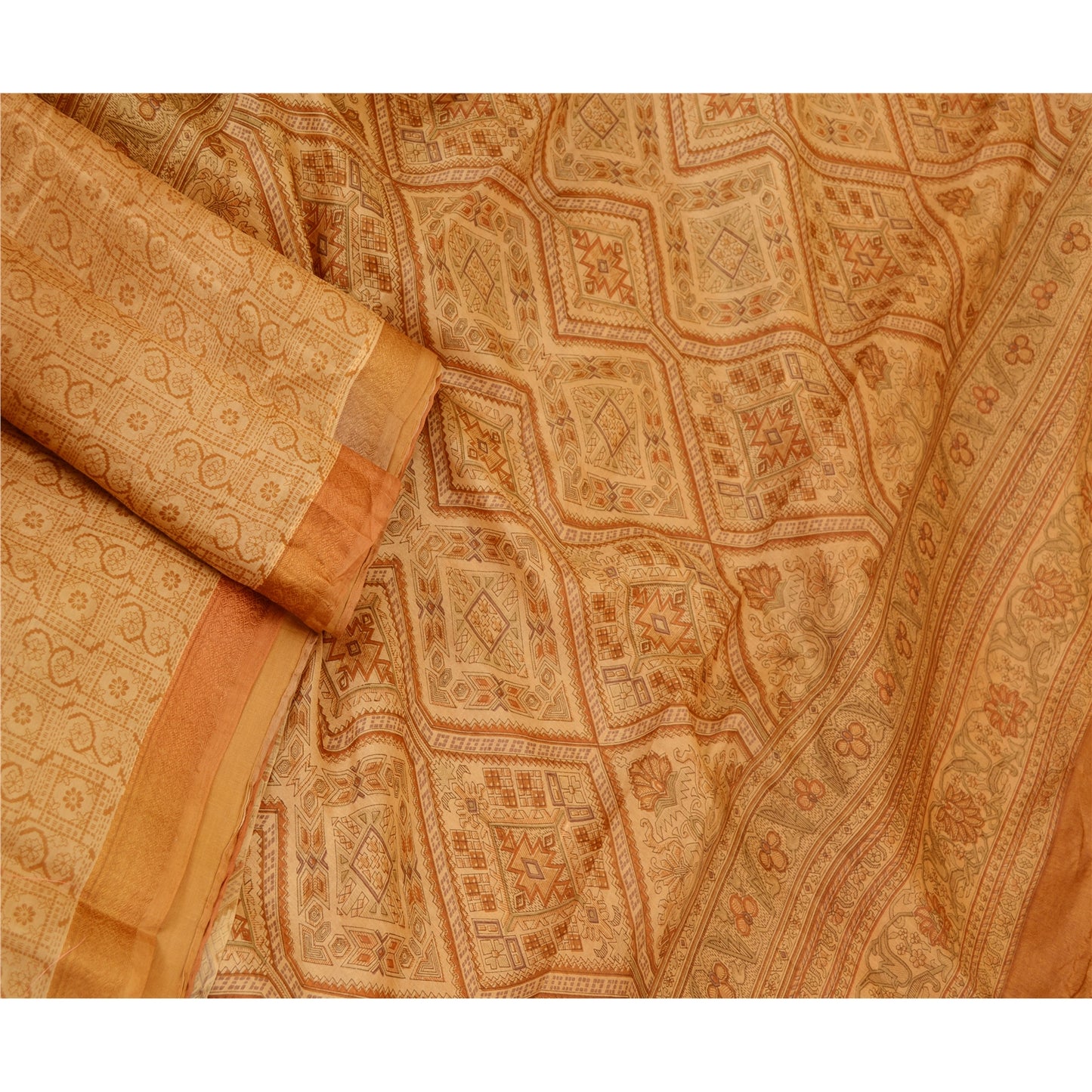 Sanskriti Vintage Saffron 100% Pure Silk Print Sarees Sari Floral Craft Sustainable Fabric
