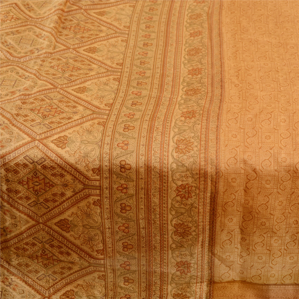 Sanskriti Vintage Saffron 100% Pure Silk Print Sarees Sari Floral Craft Sustainable Fabric