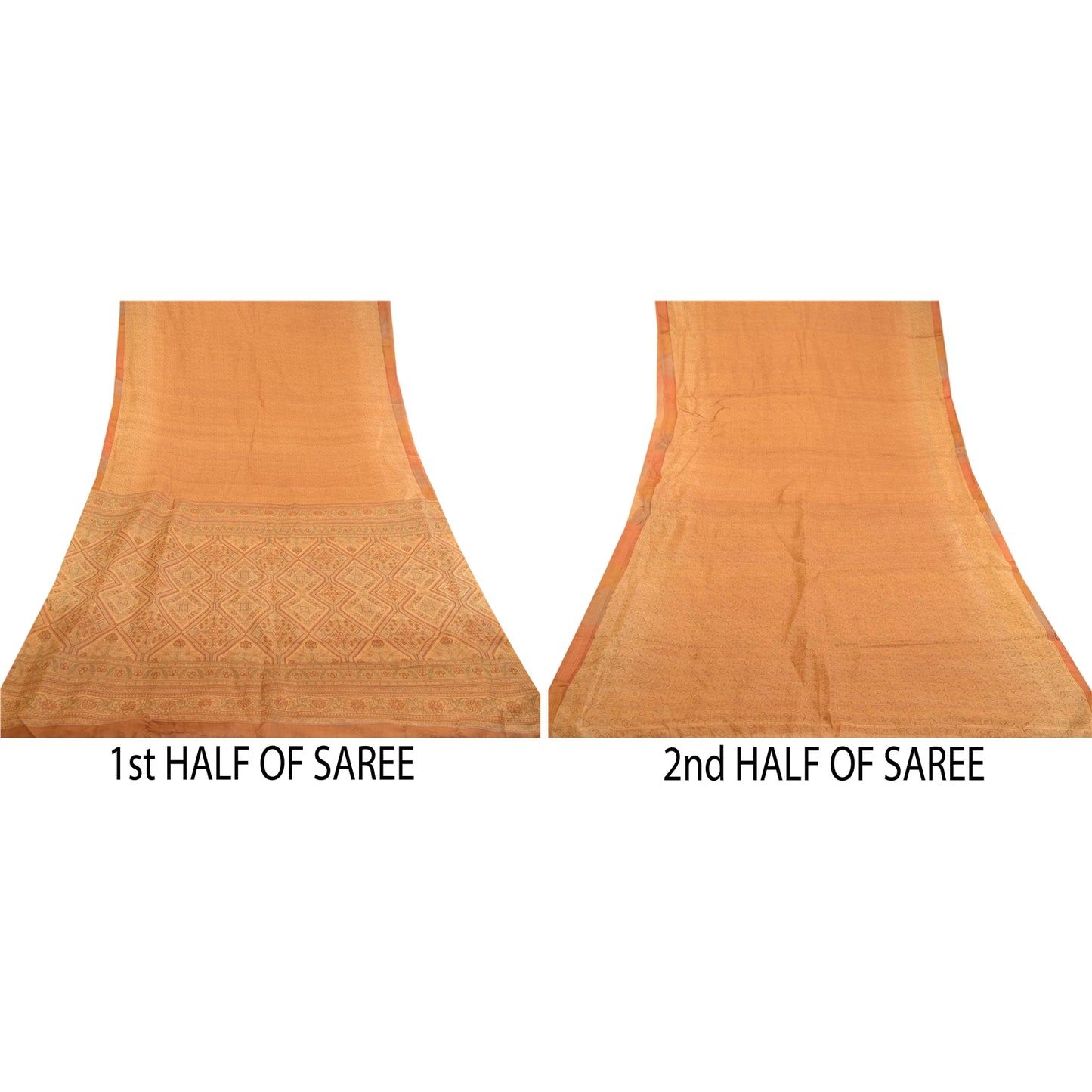 Sanskriti Vintage Saffron 100% Pure Silk Print Sarees Sari Floral Craft Sustainable Fabric