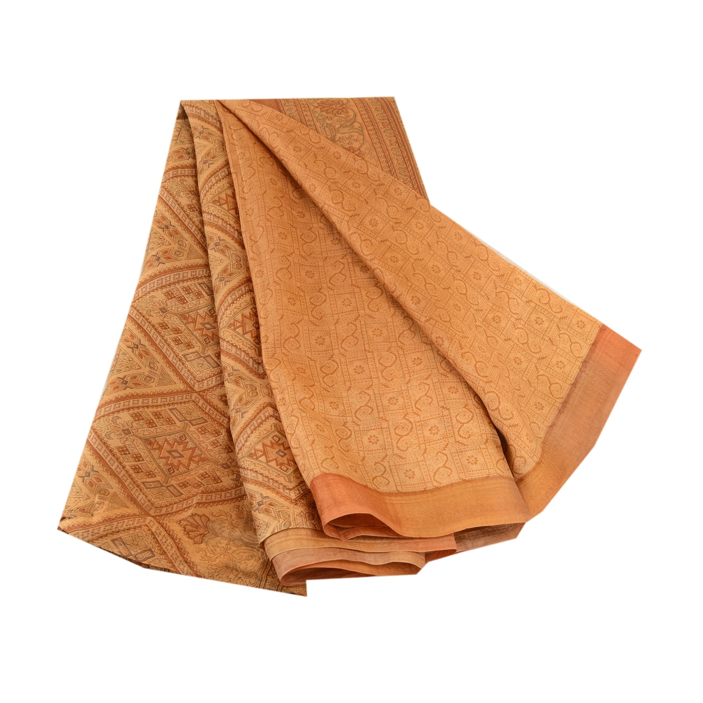 Sanskriti Vintage Saffron 100% Pure Silk Print Sarees Sari Floral Craft Sustainable Fabric