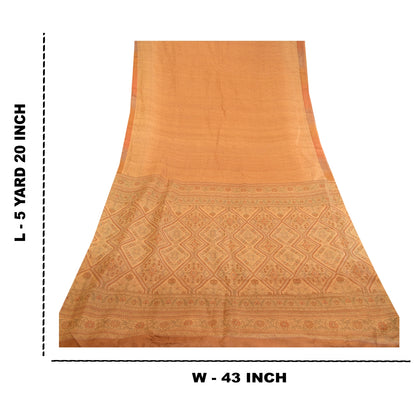 Sanskriti Vintage Saffron 100% Pure Silk Print Sarees Sari Floral Craft Sustainable Fabric