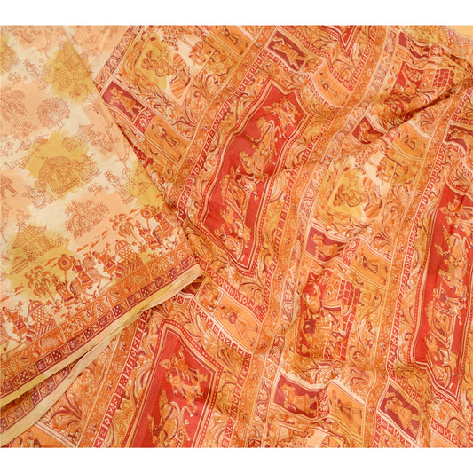Sanskriti Vintage Sarees Red Human Animal Printed Pure Silk Sari Craft Sustainable Fabric