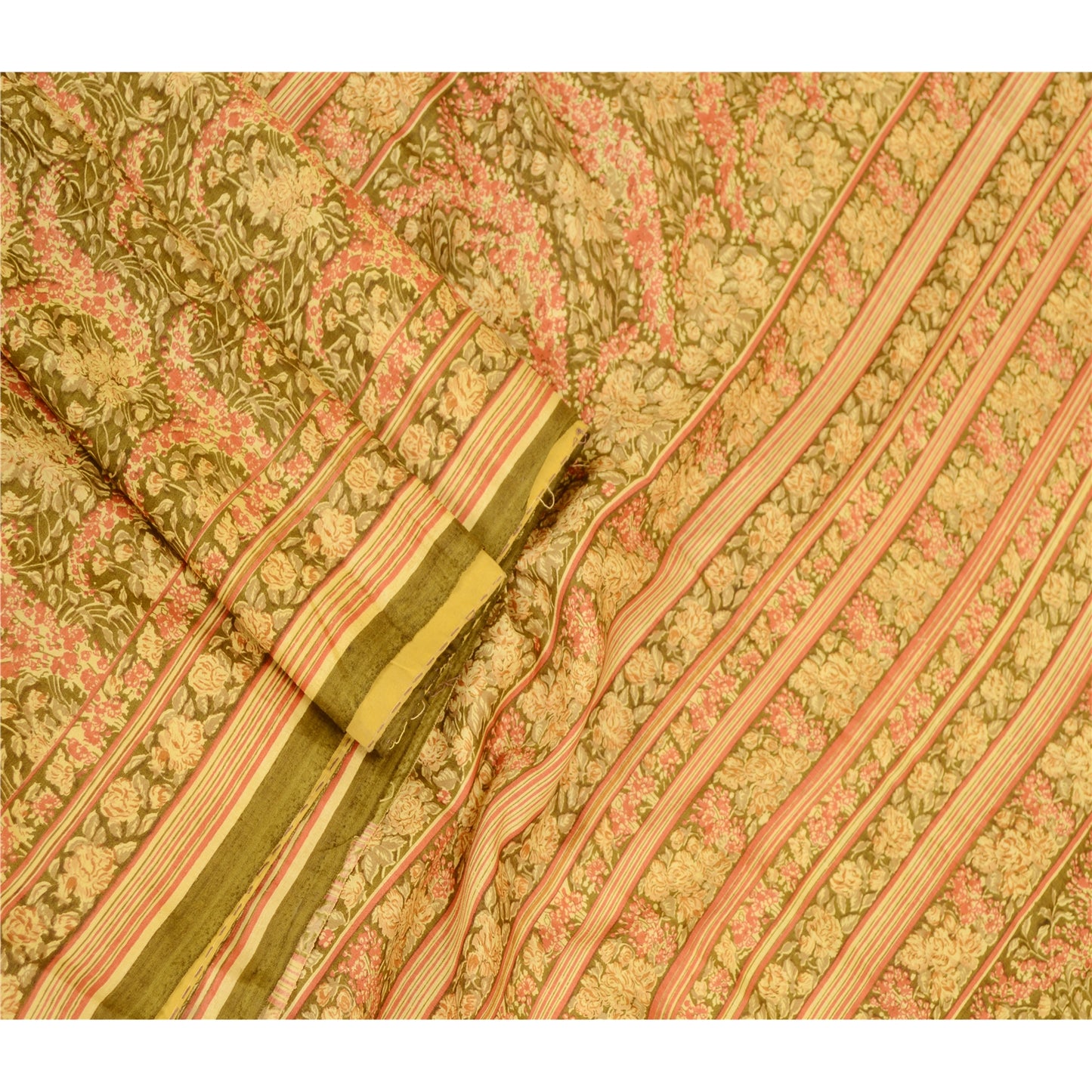 Sanskriti Vintage Grønne Trykte Sarier Ren Silke Sari Blødt Blomsterhåndværk Bæredygtigt Stoff