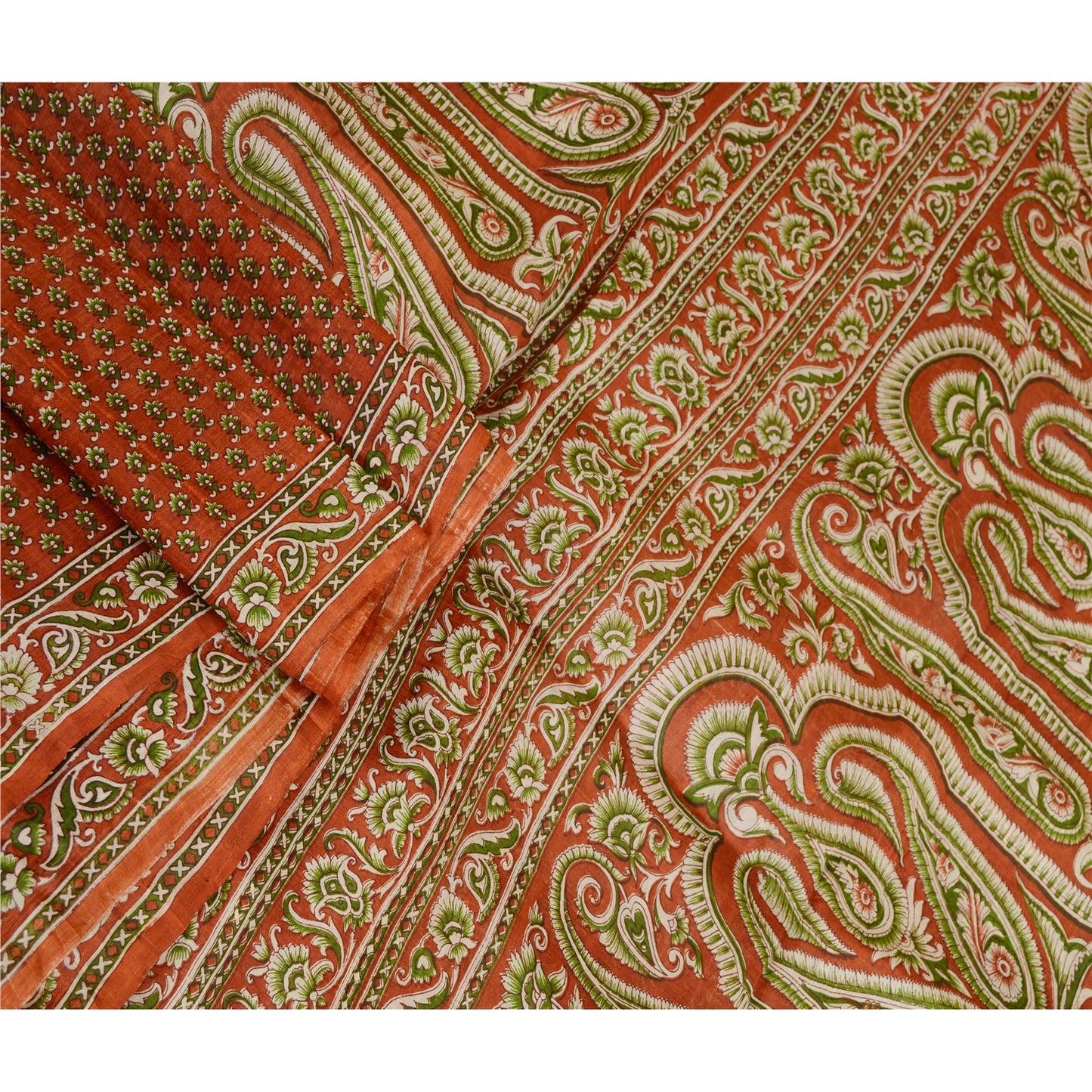 Sanskriti Vintage Orange 100% Sarees Pure Silk Printed Sari Floral Craft Sustainable Fabric