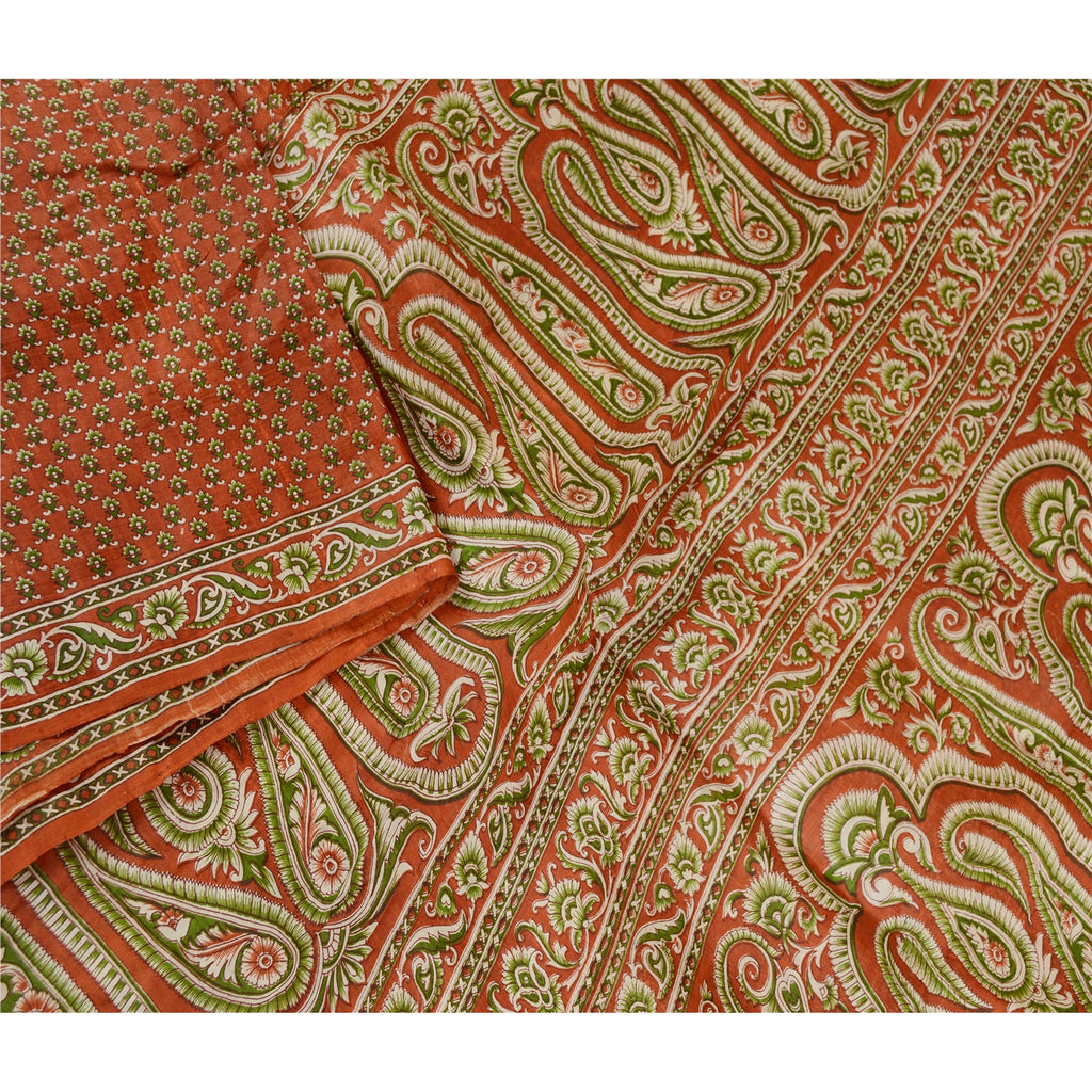 Sanskriti Vintage Orange 100% Sarees Pure Silk Printed Sari Floral Craft Sustainable Fabric