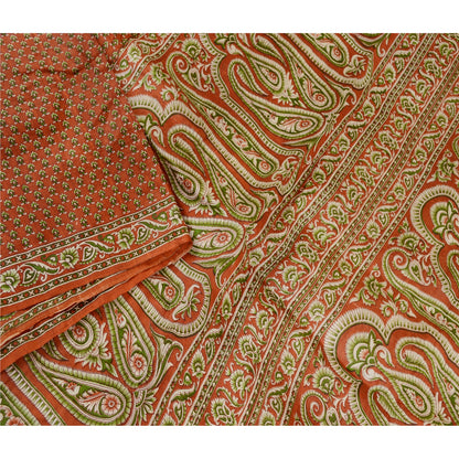 Sanskriti Vintage Orange 100% Sarees Pure Silk Printed Sari Floral Craft Sustainable Fabric