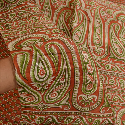 Sanskriti Vintage Orange 100% Sarees Pure Silk Printed Sari Floral Craft Sustainable Fabric
