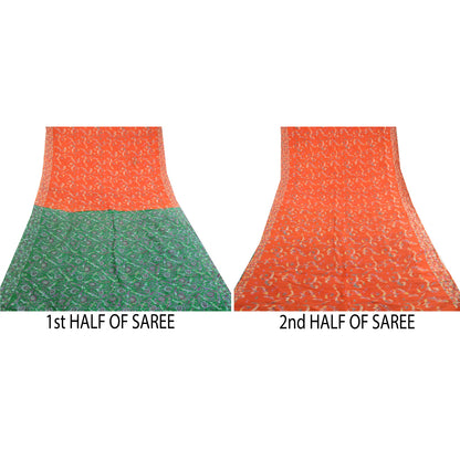 Sanskriti Vintage Orange Indian Sarees Pure Silk Printed Sari 5yd Craft Sustainable Fabric