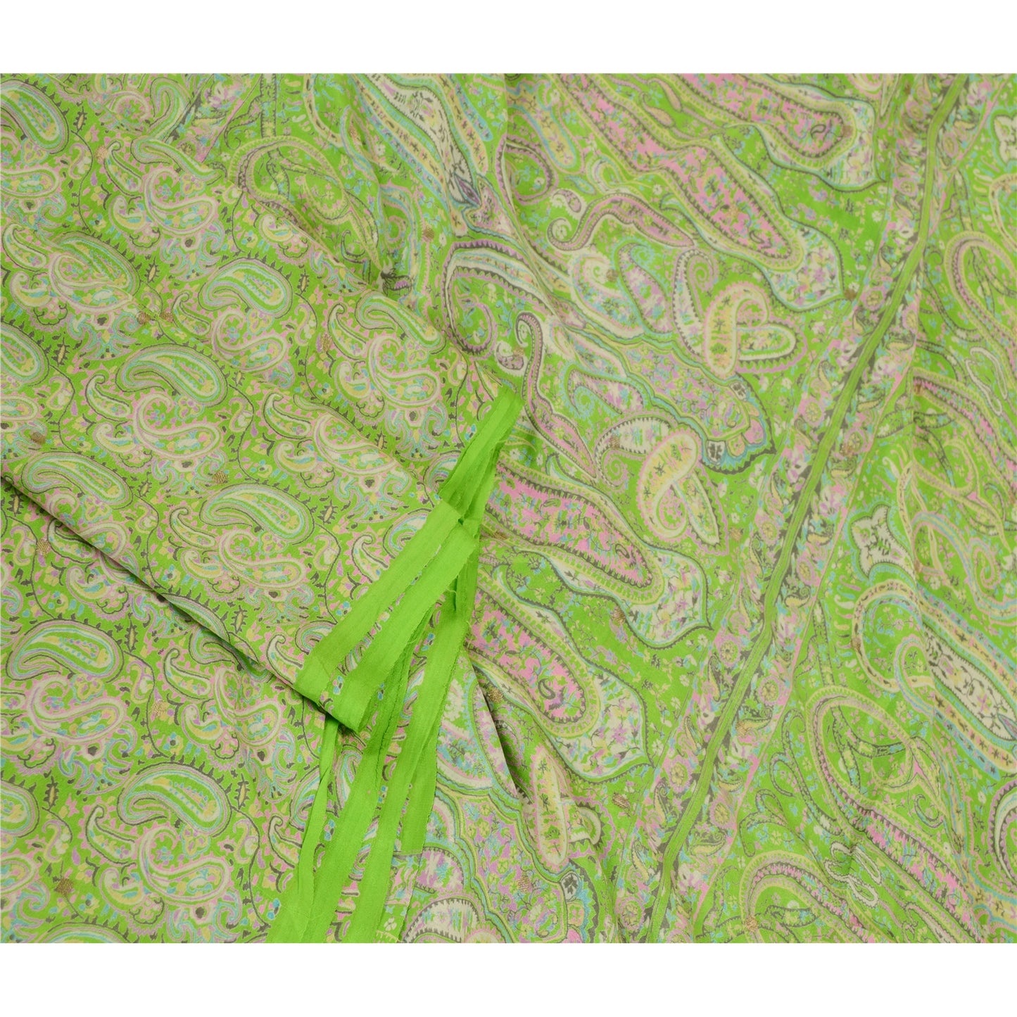 Sanskriti Vintage Green Sarees Printed 100% Pure Silk Sari 5yd Soft Craft Sustainable Fabric